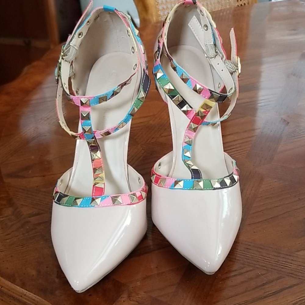 New Nude Multicolored Studded Heels